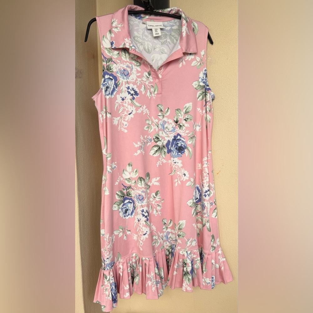 Laura Ashley Golf & Tennis Sleeveless Dress Pink Floral Ruffle Hem Pocket Medium